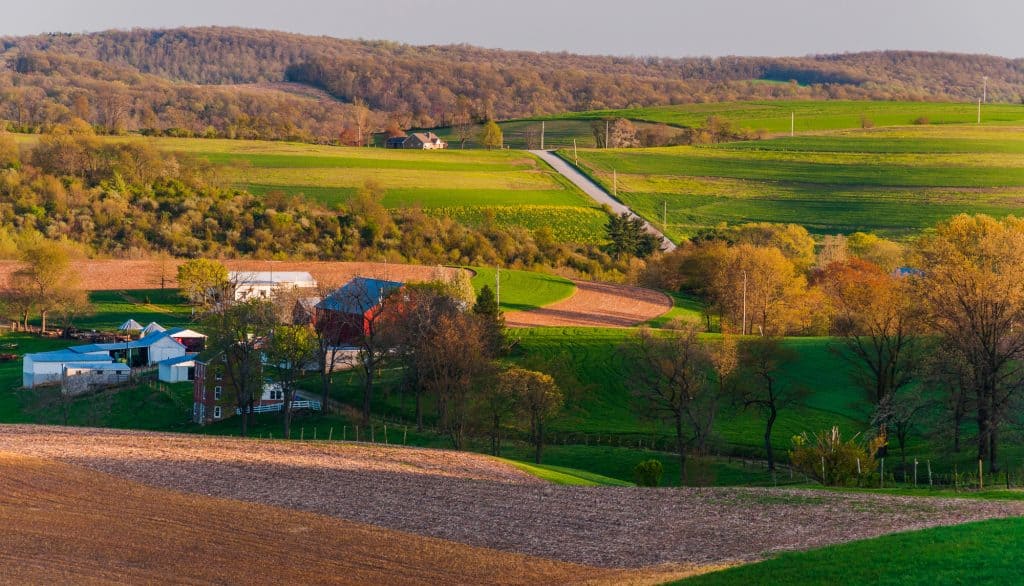 A farm with barns and a farmhouse set among rolling fields near Dover, Pennsylvania