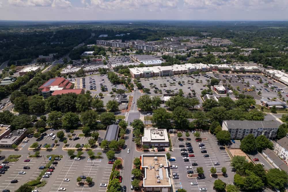 Aerial view of a suburban shopping district.
