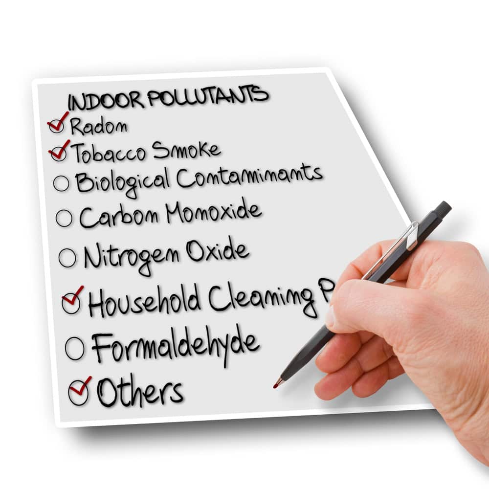 Checklist of indoor pollutants including Radon, Tobacco Smoke, Biological Contaminants, Carbon Monoxide, Nitrogen Oxide, Household Cleaning Products, Formaldehyde, and Others.