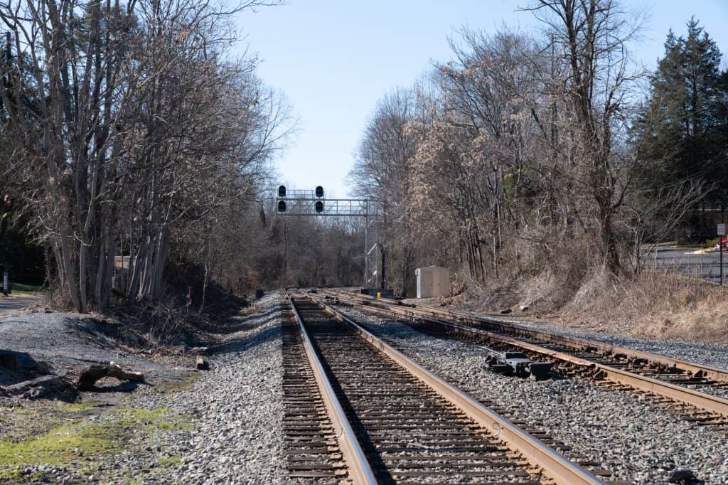 Railroad tracks running through bare winter woods