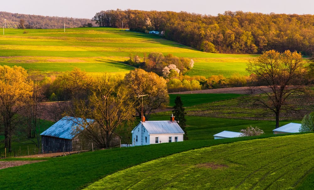 A white farmhouse and barn beside rolling farm fields at sunset in Hedgesville, West Virginia