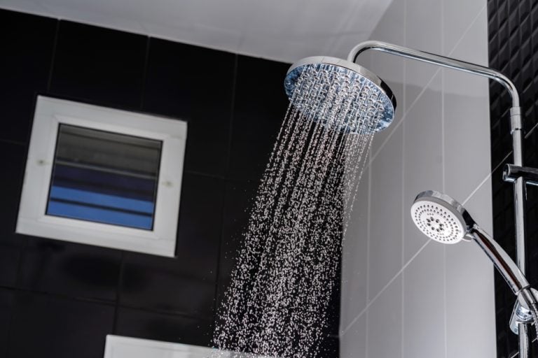 Modern shower with rainfall and handheld heads in a stylish black-tiled bathroom.