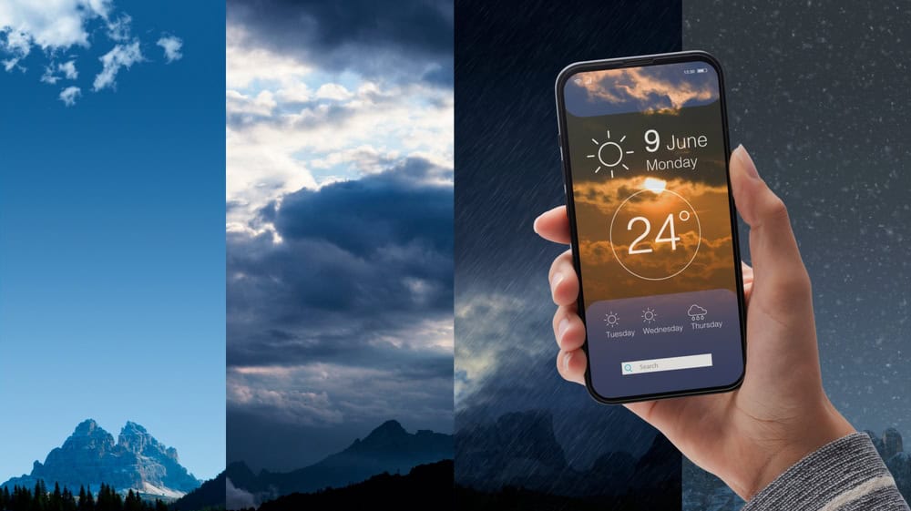 A hand holds a smartphone displaying a weather app, forecasting 24°C and sunny on June 9th, set against a dramatic background transitioning from clear skies to clouds and rain over mountain peaks.