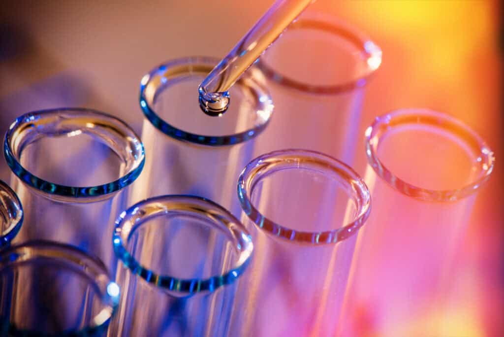 Laboratory analysis of water samples in a row of test tubes
