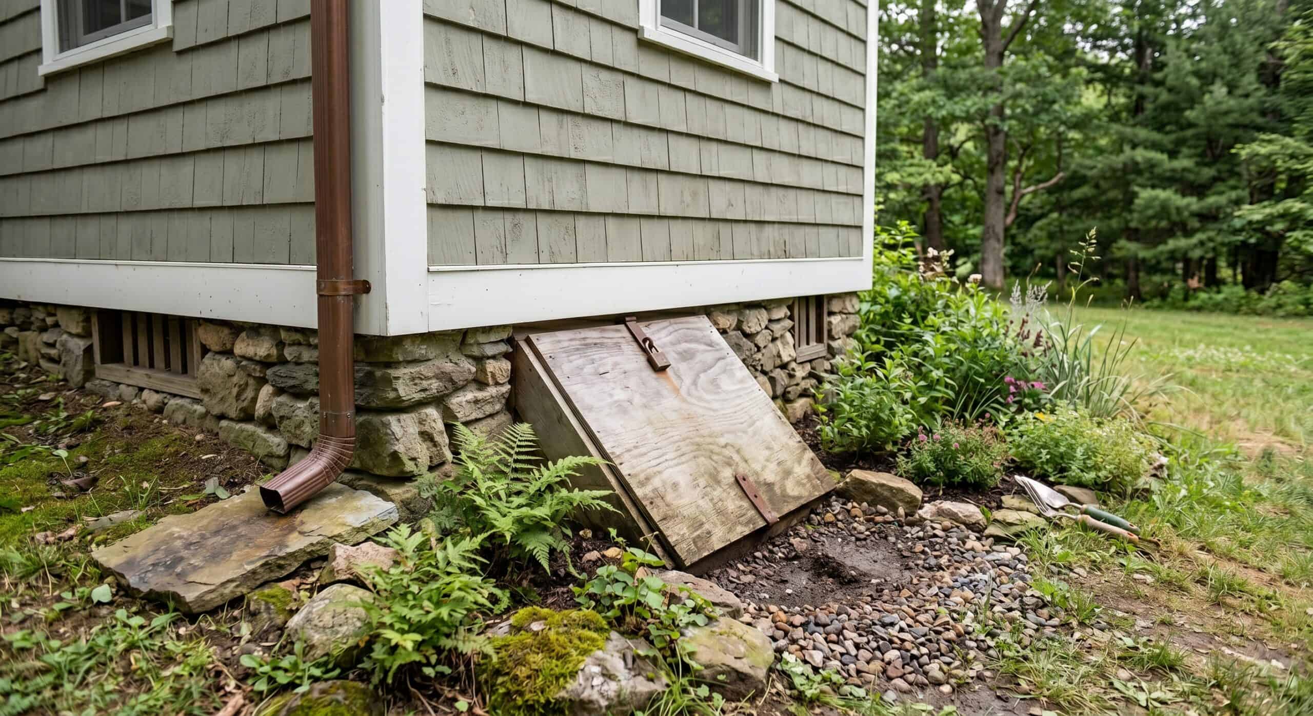 Professional inspector evaluating exterior foundation walls, grading, drainage, and visible structural deficiencies