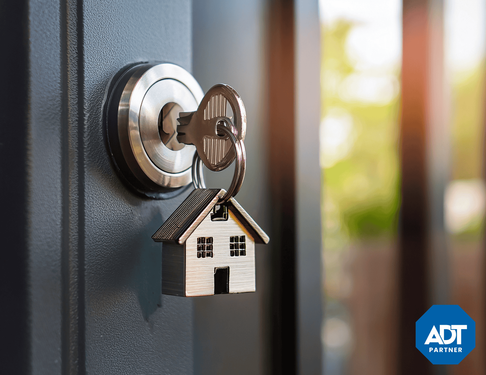 House keys at a front door with an ADT Partner badge