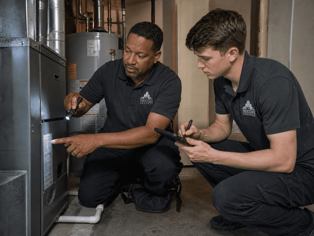 Two inspectors checking a furnace and water heater