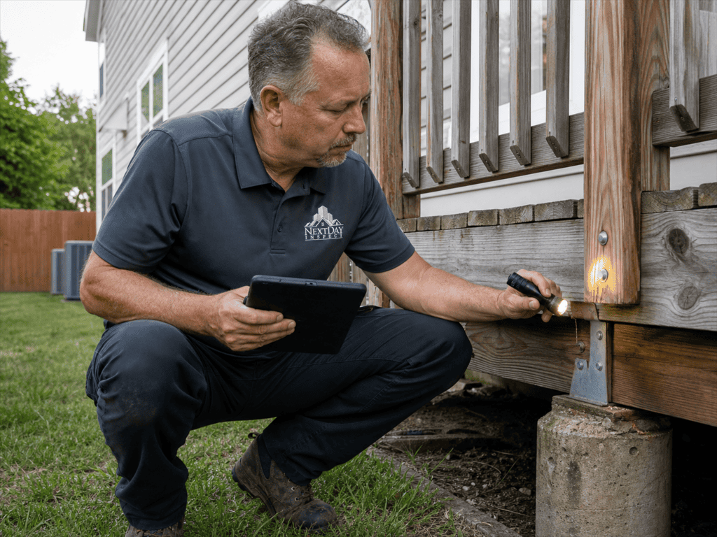 Inspector checking a deck ledger board with a flashlight