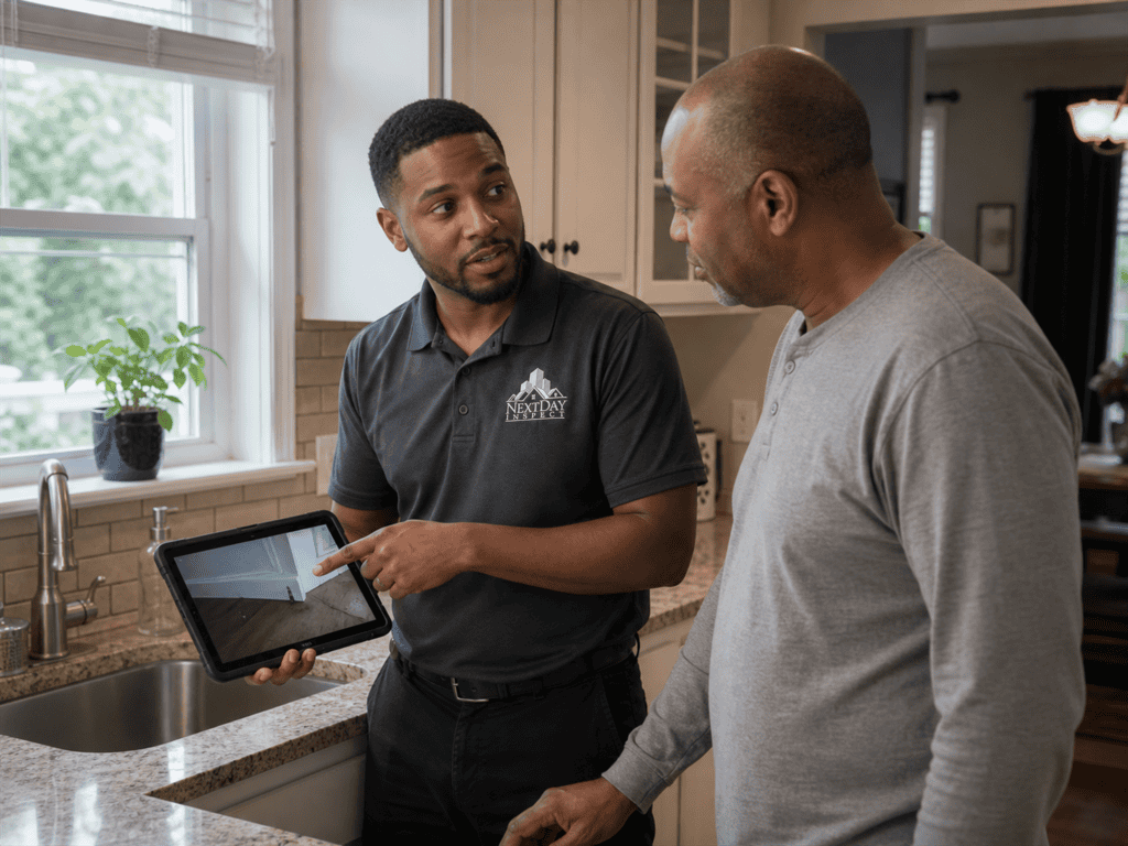 Inspector showing a homeowner findings on a tablet