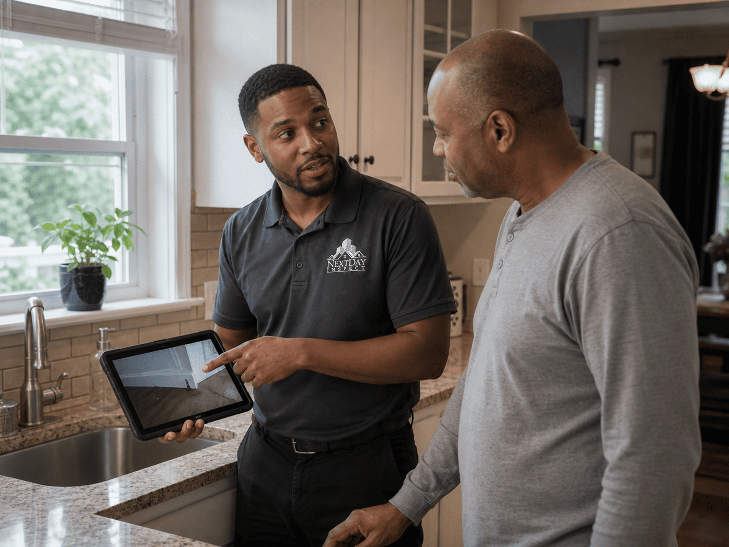 Inspector in a dark gray NextDay Inspect golf polo speaking with a homeowner in a kitchen