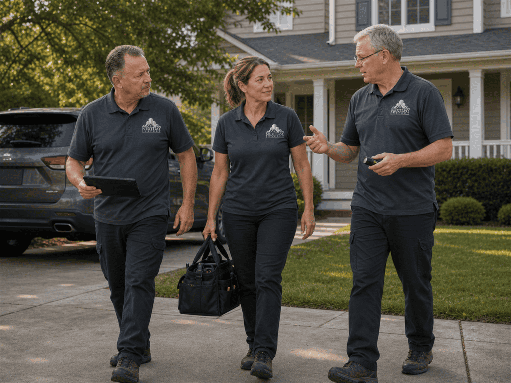 Three NextDay Inspect inspectors walking up to a house