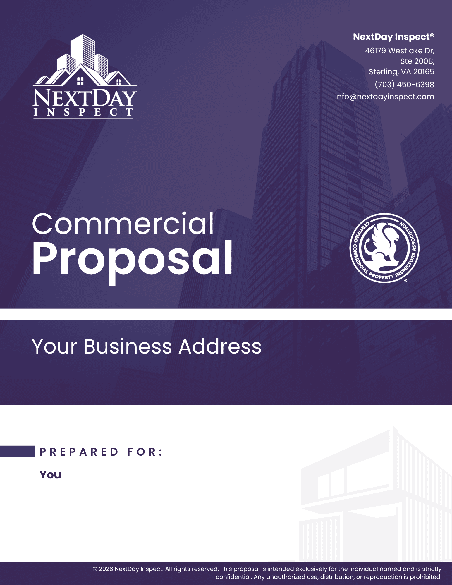 The cover of a NextDay Inspect commercial proposal, prepared for a business address