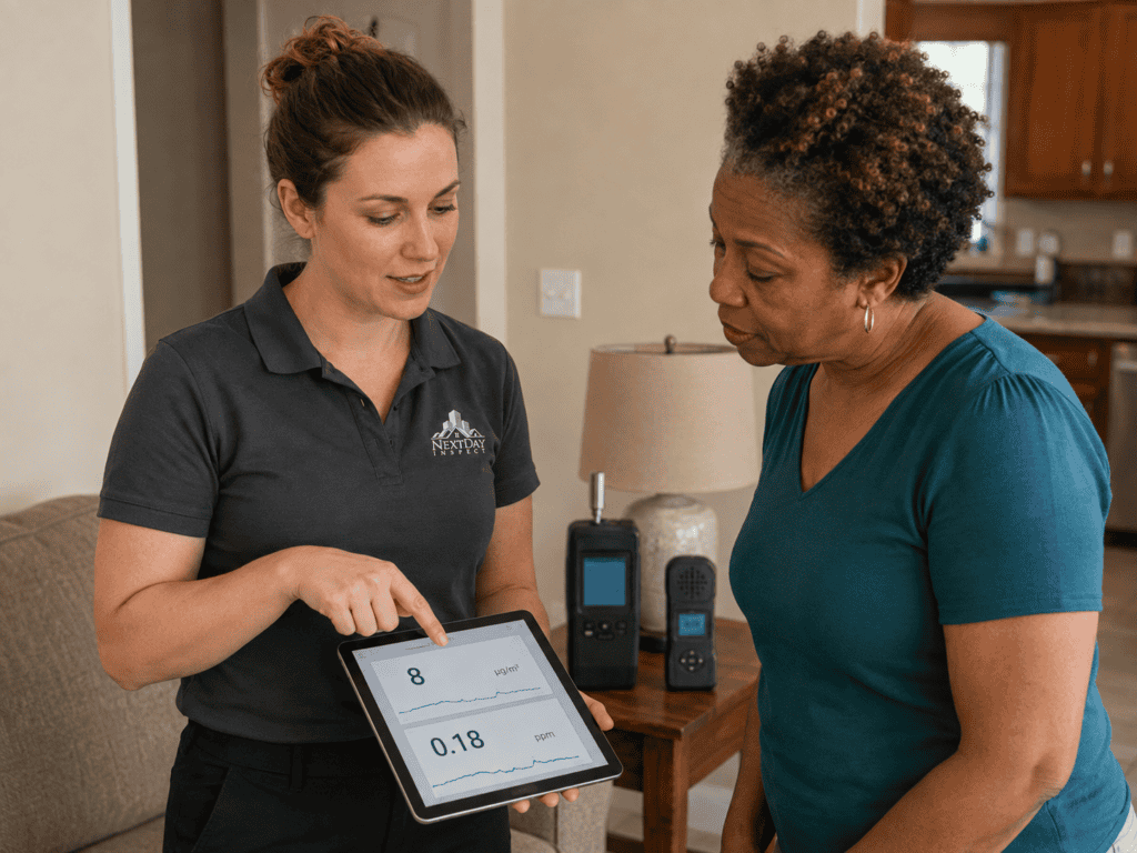An NDI technician discussing air quality testing with a homeowner