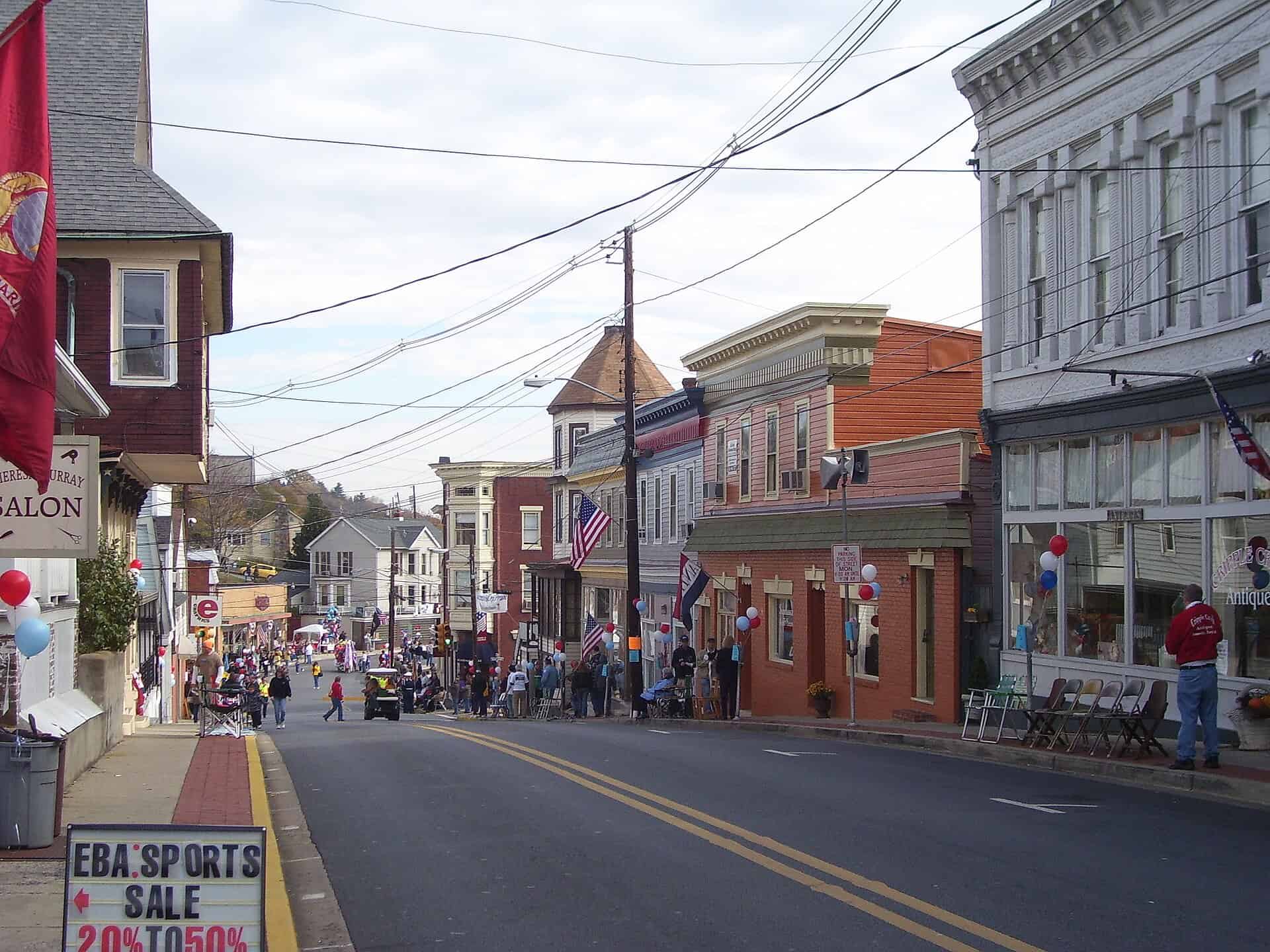Storefronts and rowhouses along the main street of downtown Brunswick, Maryland