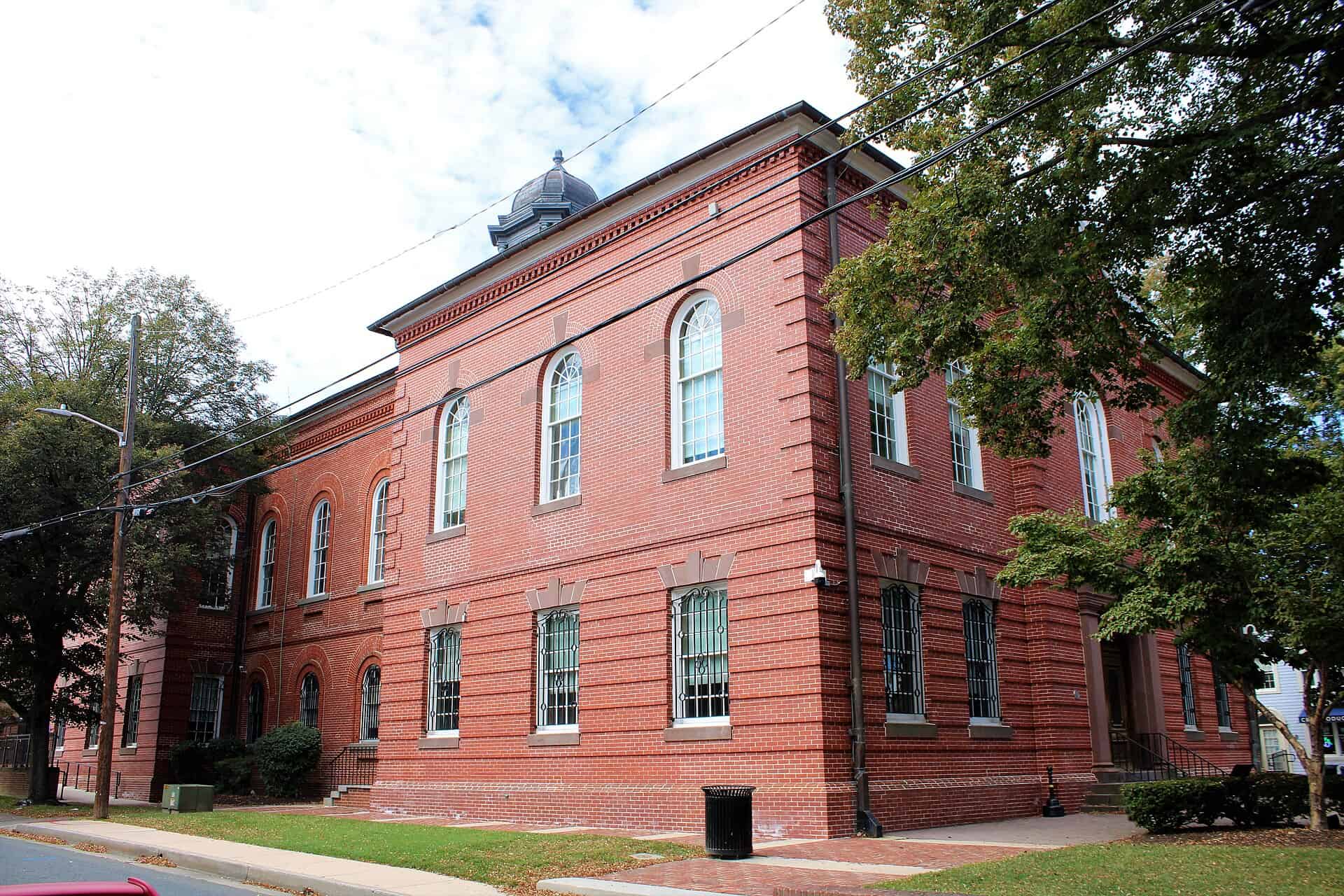 Harford County Courthouse in Bel Air, Maryland, a red brick building with tall arched windows