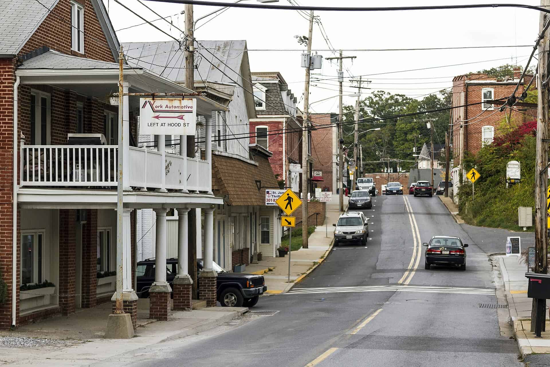 Brick and frame buildings along Main Street in downtown Mount Airy, Maryland