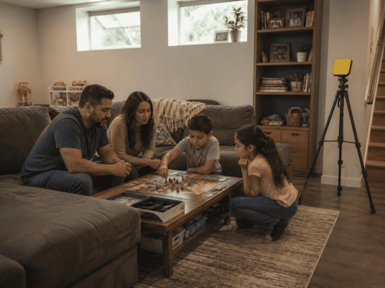 Family going about a normal day in their finished basement while the radon monitor runs on its tripod