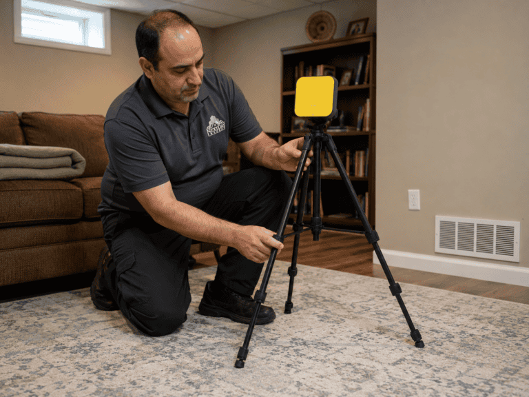 NextDay Inspect radon technician setting up the continuous monitor on a tripod