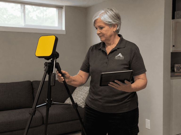 Technician reading the data from the radon monitor at pick-up