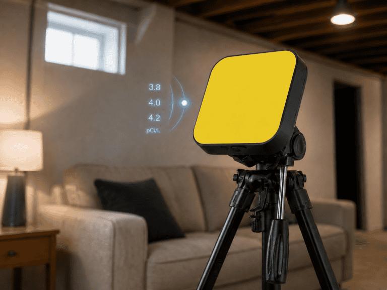 Continuous radon monitor collecting data in a closed basement room