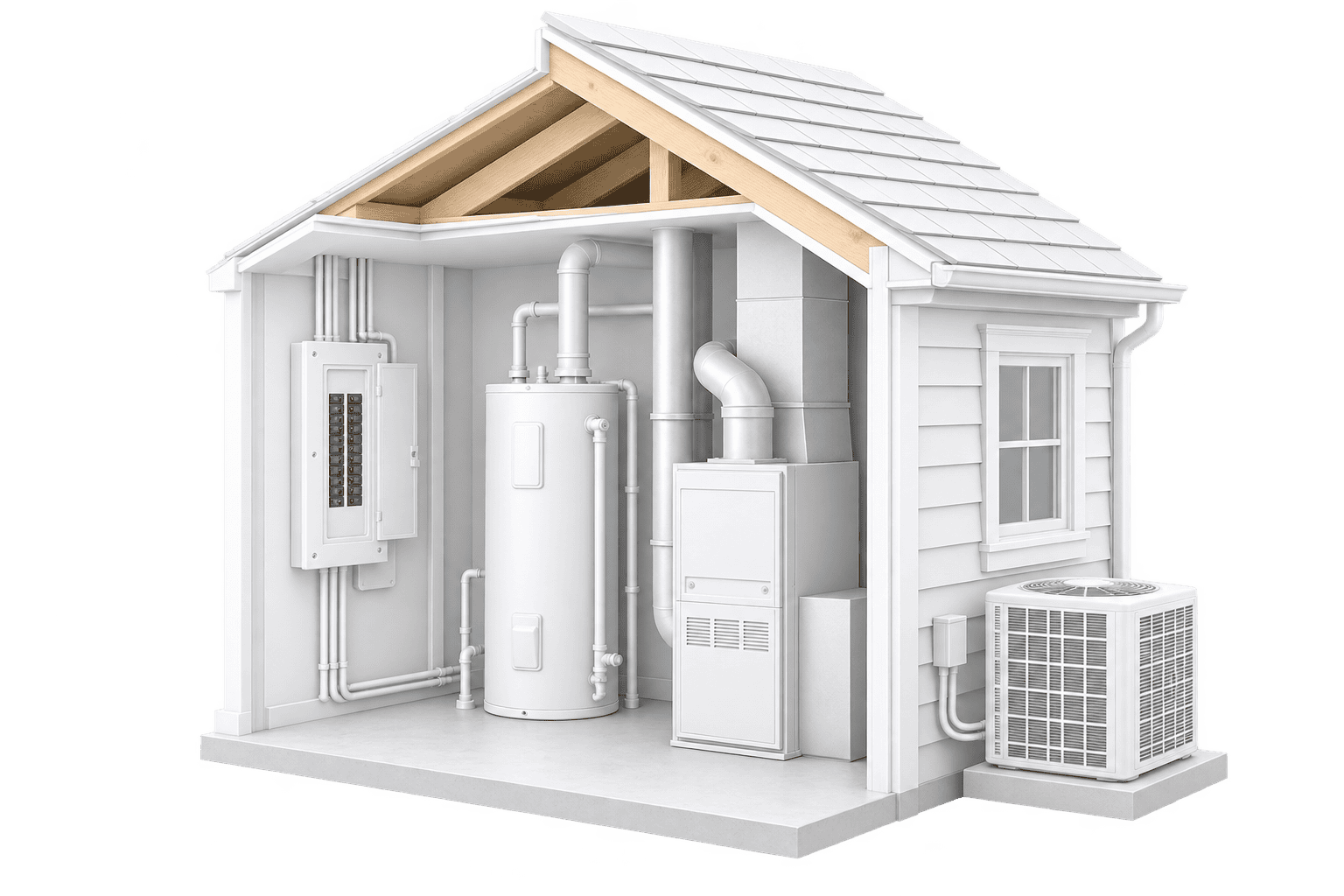White 3D utility-room cutaway showing an electrical panel, water heater and HVAC equipment beneath a pitched roof.