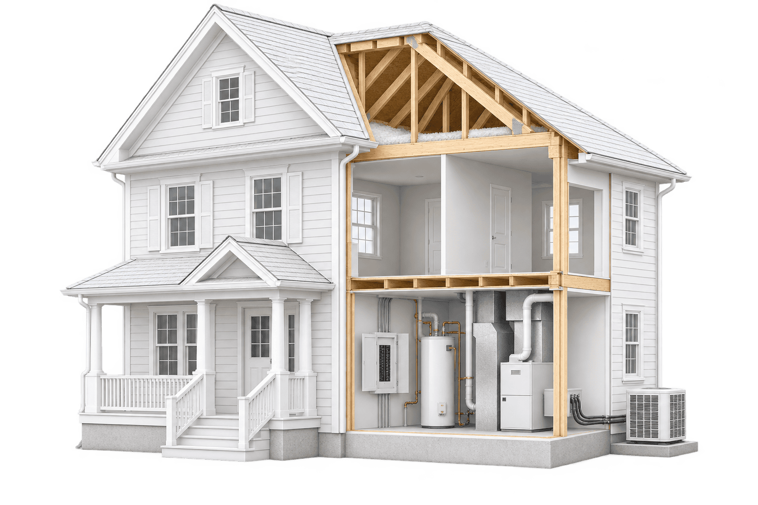 White 3D house cutaway showing roof framing, electrical panel, water heater and HVAC equipment.