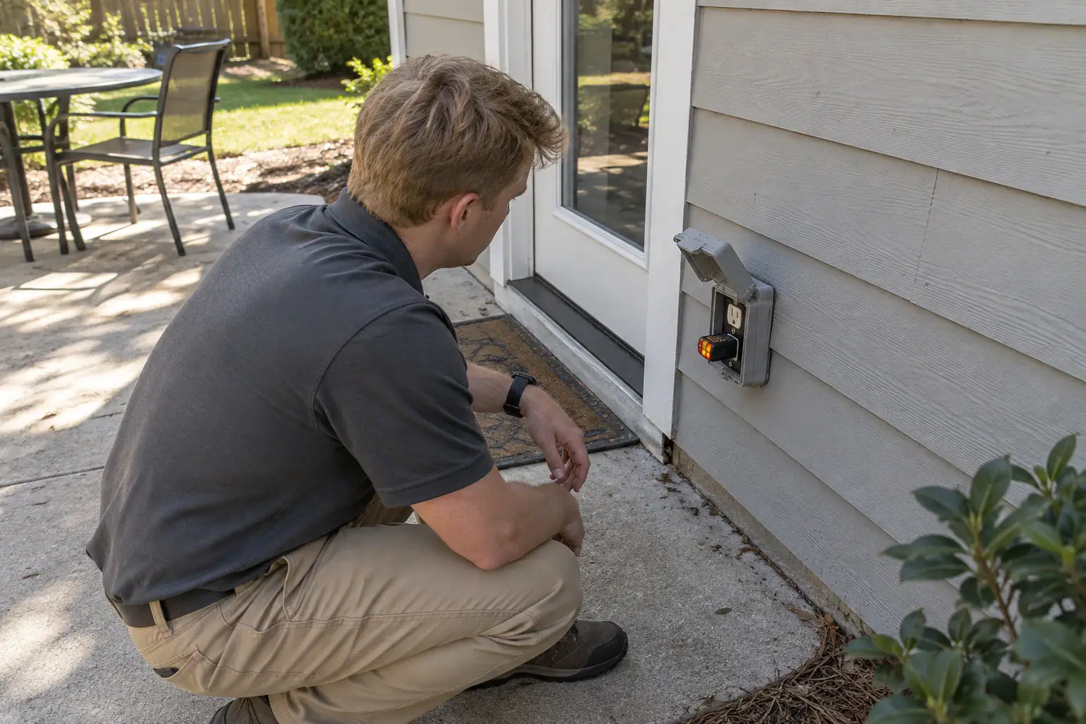 Illustrative scene of a home inspector checking an outdoor outlet with a receptacle tester.