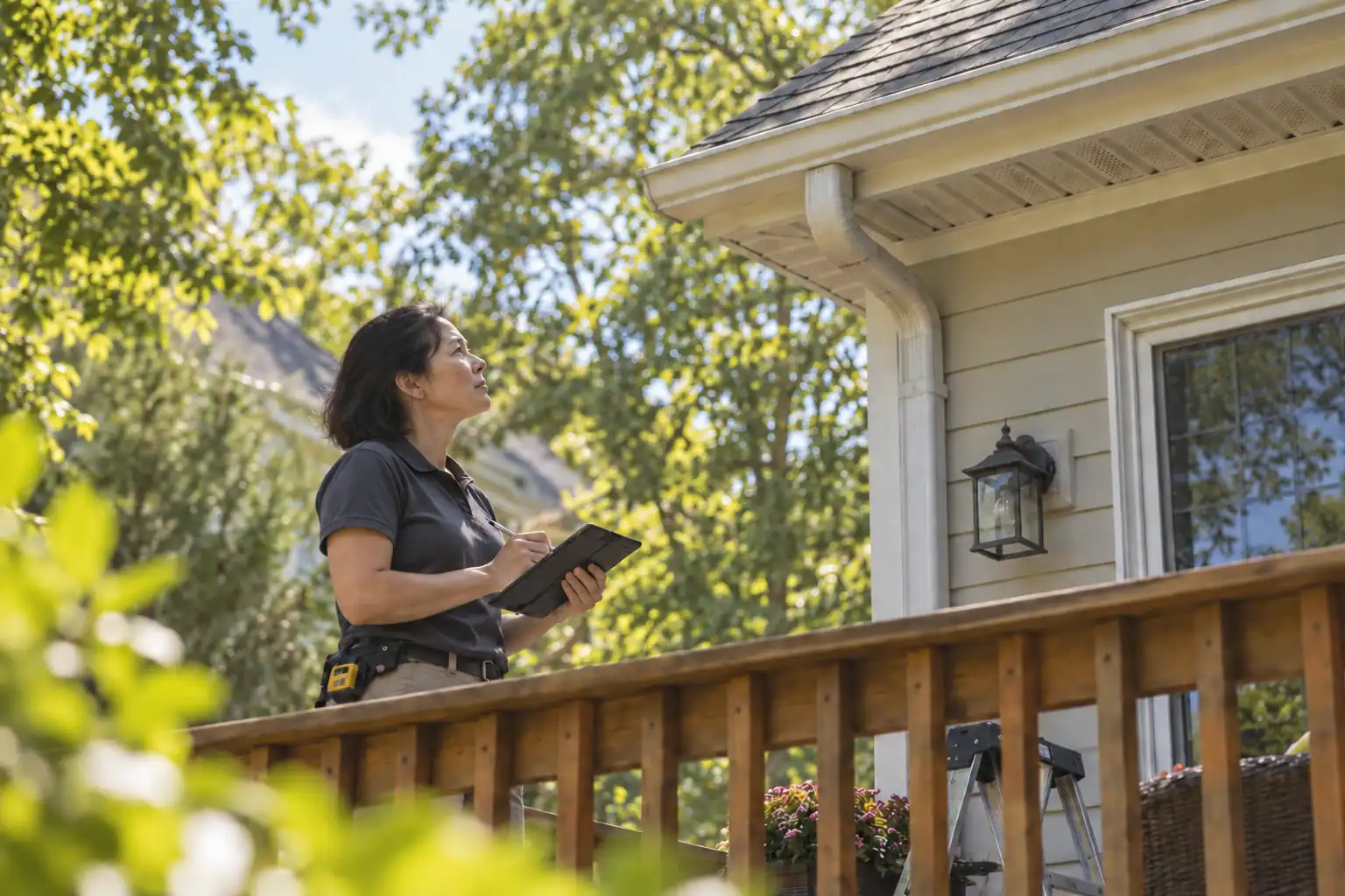 Illustrative scene of a home inspector examining the roof edge and gutter from a deck while taking notes on a tablet.