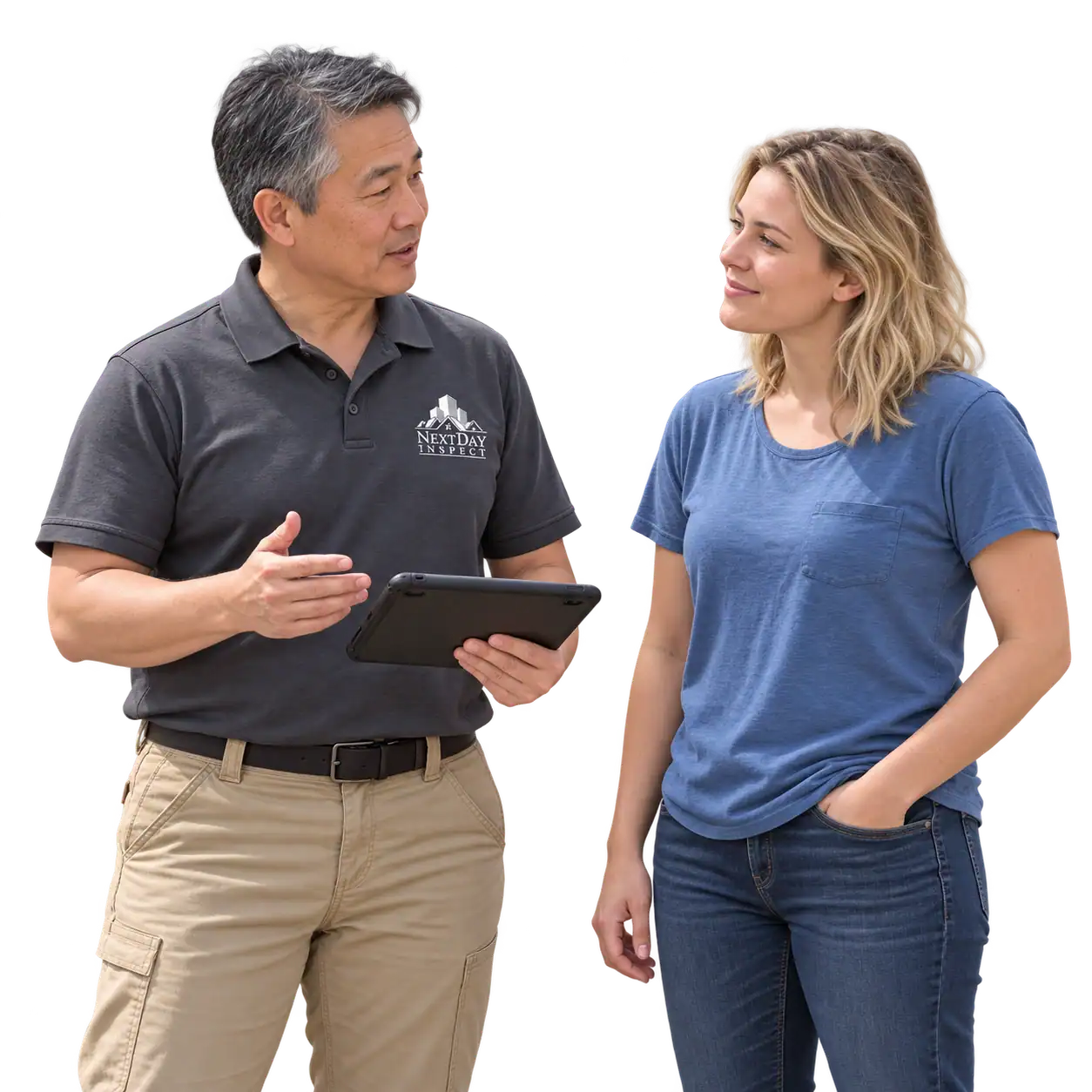 Illustrative scene of a home inspector in a dark gray NextDay Inspect polo discussing findings with a young blonde home buyer.
