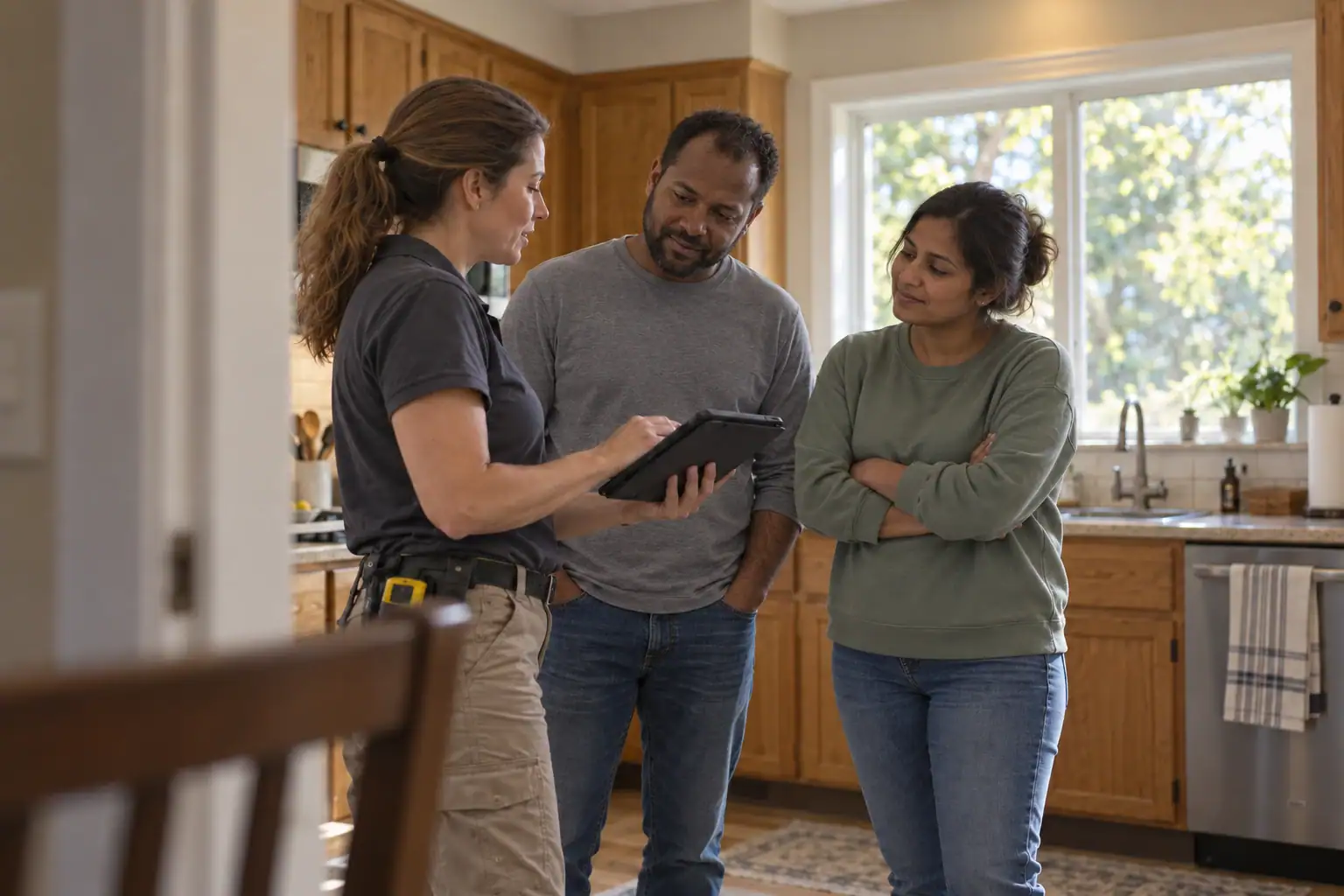 Illustrative scene of a home inspector explaining findings on a tablet to two buyers in a kitchen.
