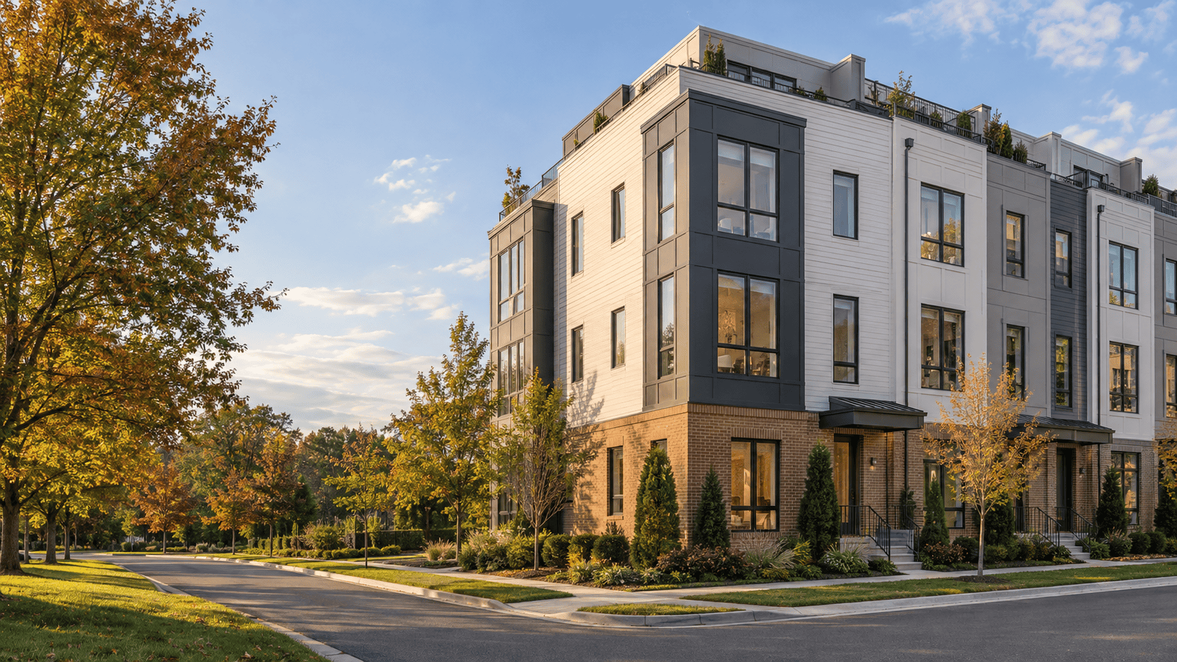 AI-generated illustration of contemporary Virginia-style townhomes, not an actual Van Metre property
