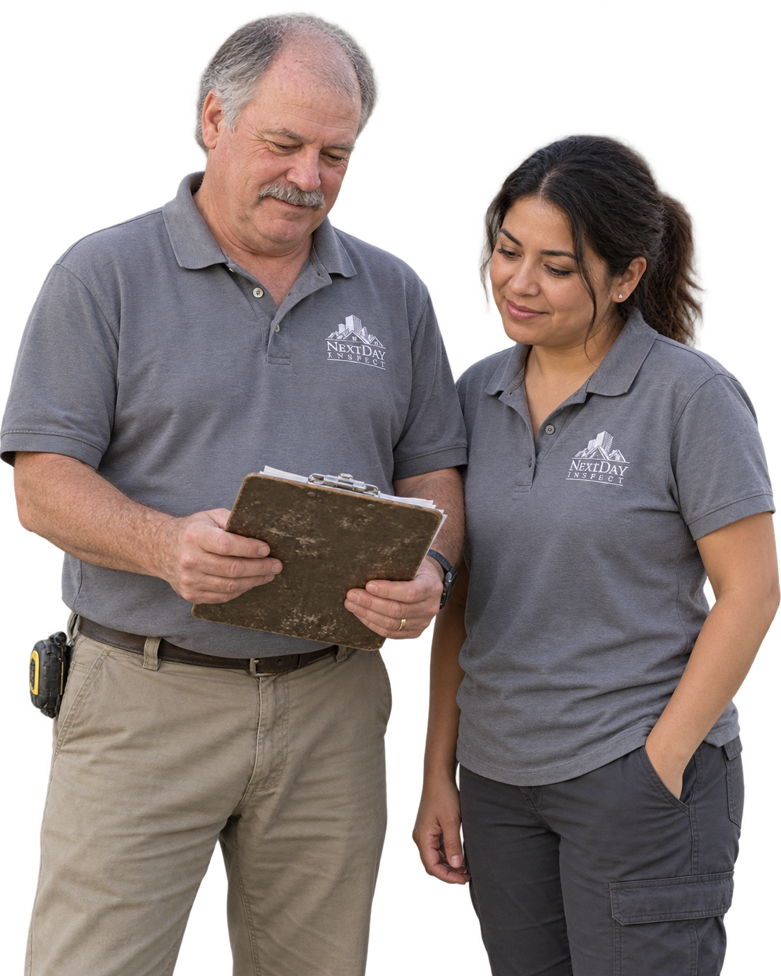 Illustrative inspectors quietly checking a clipboard together in gray NextDay Inspect polos
