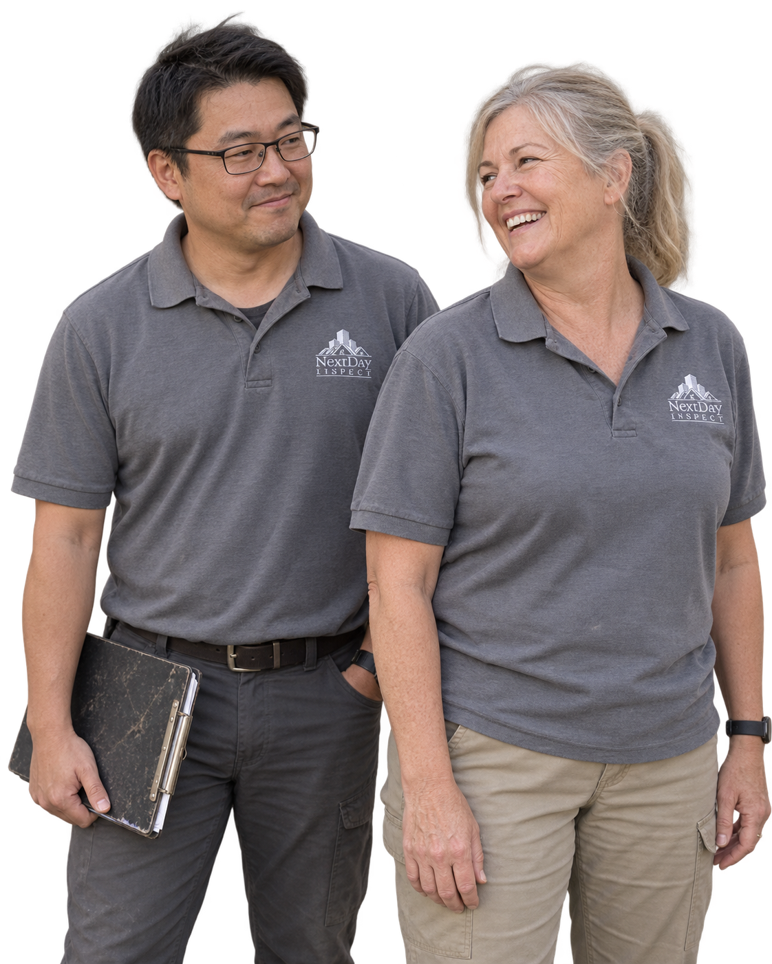 Illustrative inspectors sharing a lighthearted moment in gray NextDay Inspect polos