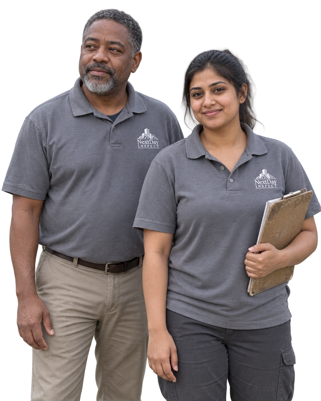 Illustrative inspectors paused between appointments in gray NextDay Inspect polos
