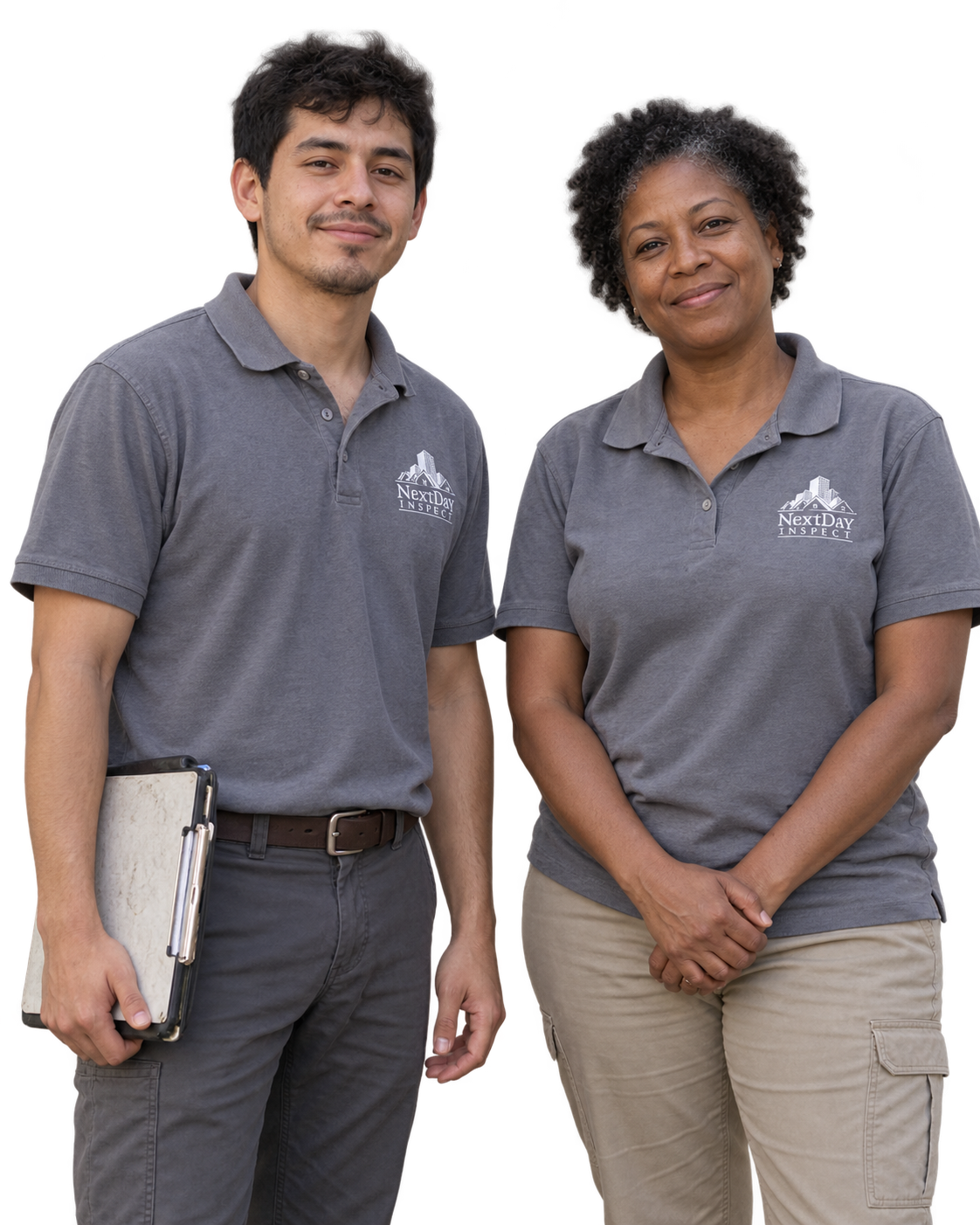 Illustrative inspectors in a relaxed coworker portrait, wearing gray NextDay Inspect polos