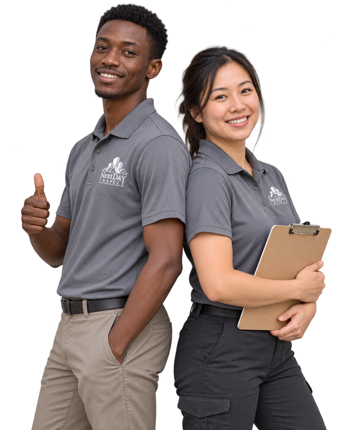 Illustrative home inspectors smiling together in gray NextDay Inspect polos