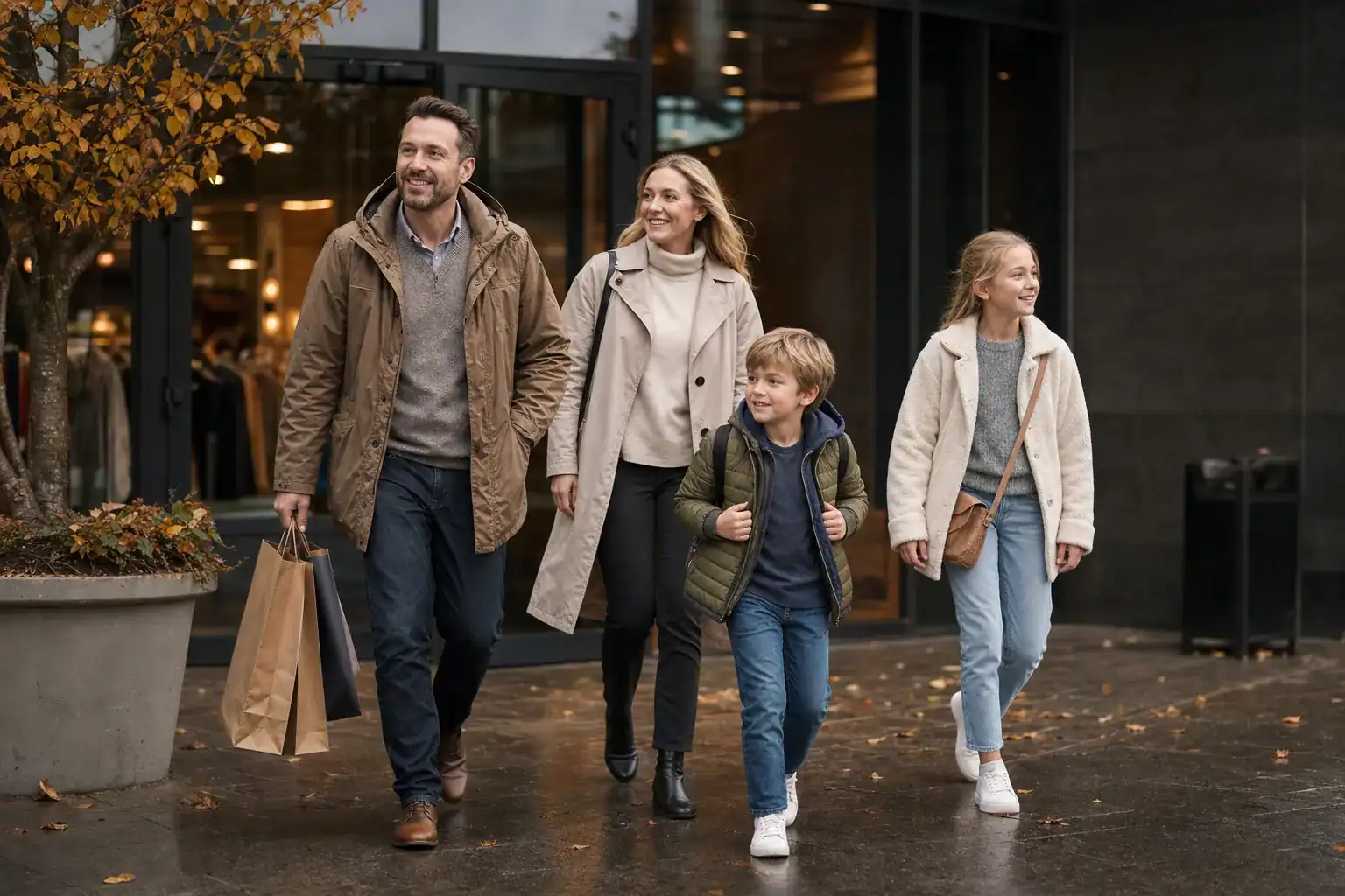 Familie g&aring;r ut av Nordby Shopping Center i h&oslash;stv&aelig;r.
