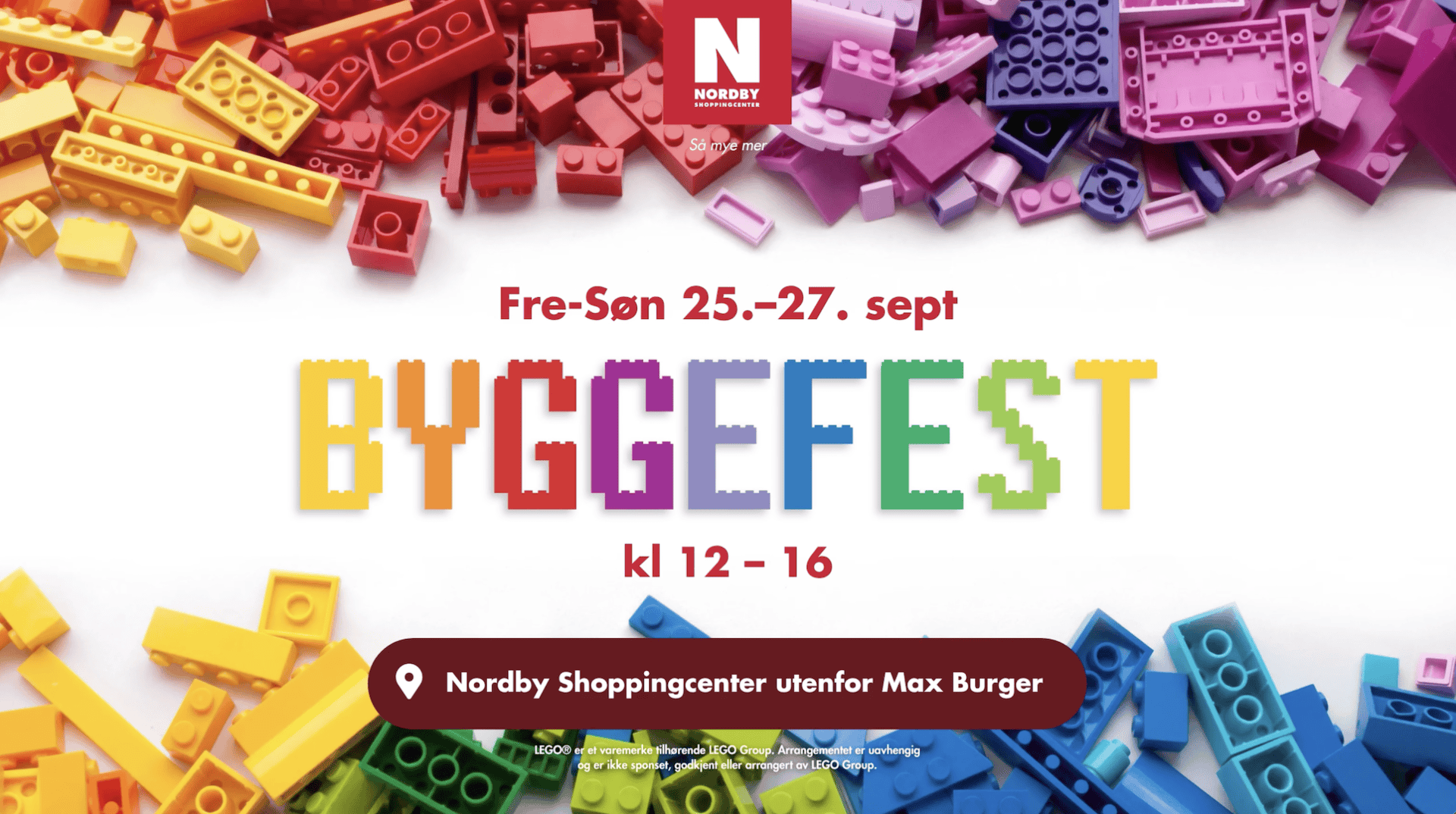 Fargerike LEGO-biter og BYGGFEST-tekst for Nordby Shopping Center event.