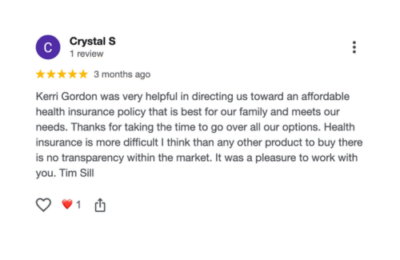 5-star Google review from a client for Kerri at North Texas Health Insurance.