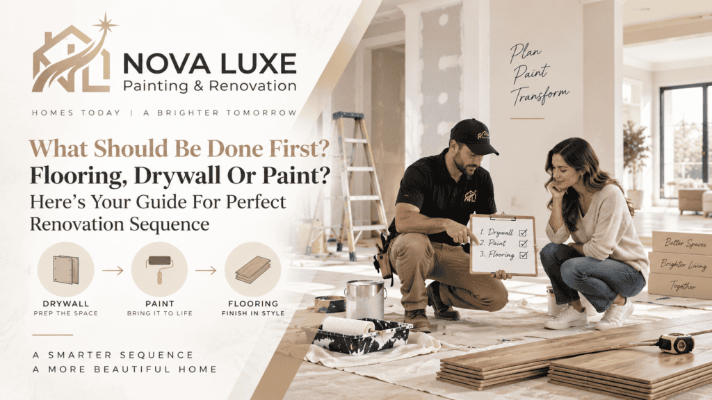 Interior renovation with a contractor and homeowner planning flooring options.