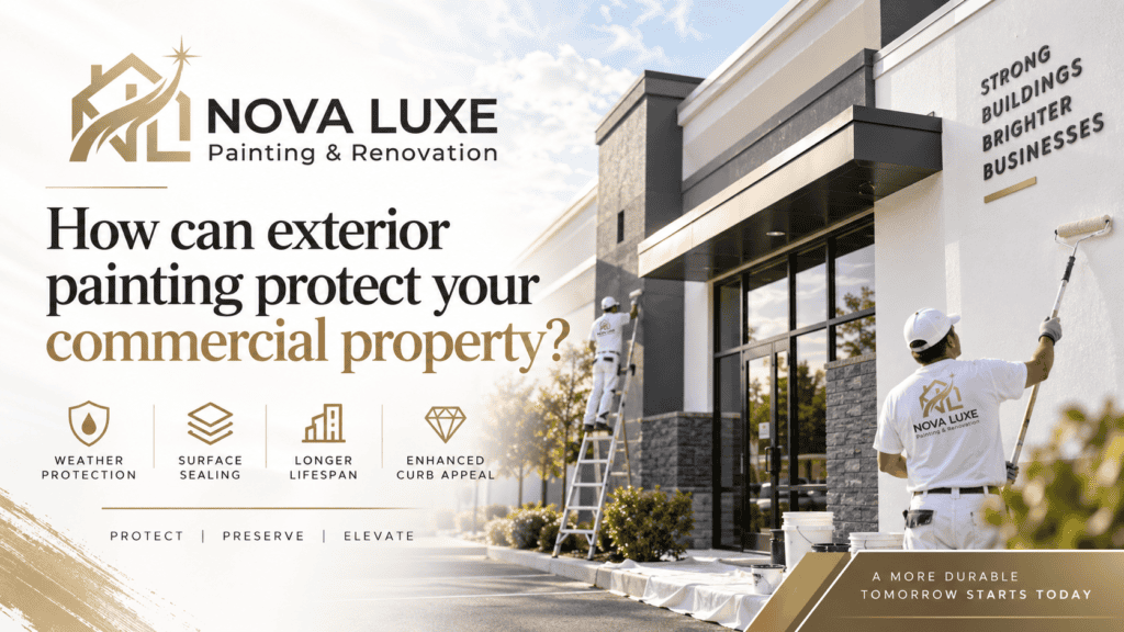 Commercial building exterior being painted by professionals for protection and durability.