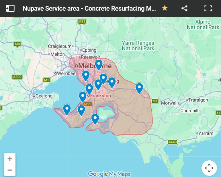 Nupave concrete resurfacing and sealing service area map across Melbourne and the Mornington Peninsula