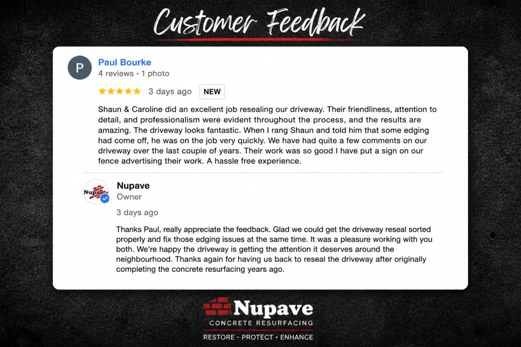 Customer review graphic for concrete driveway resurfacing and resealing services in Ferntree Gully