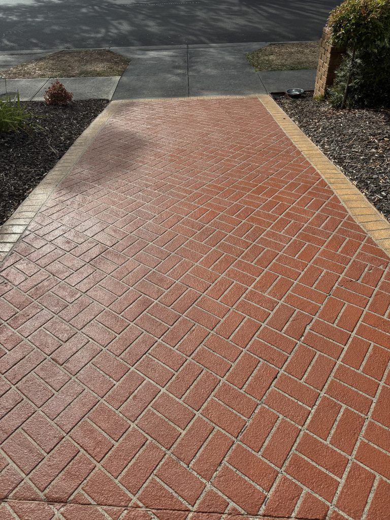 Brick pattern decorative concrete driveway resurfacing after 23 years in Lilydale