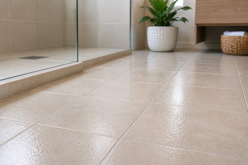 Wet bathroom floor tiles treated with anti slip coating