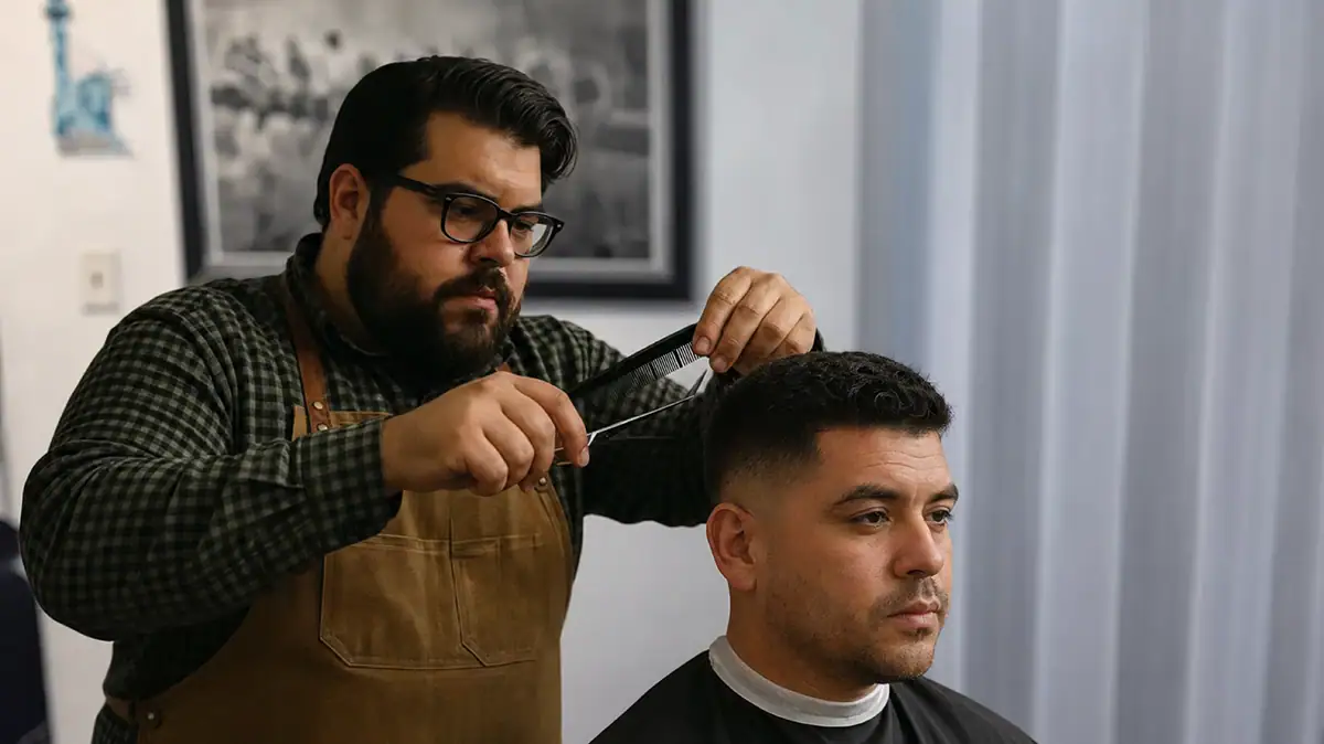 a barber cutting a comb over fade