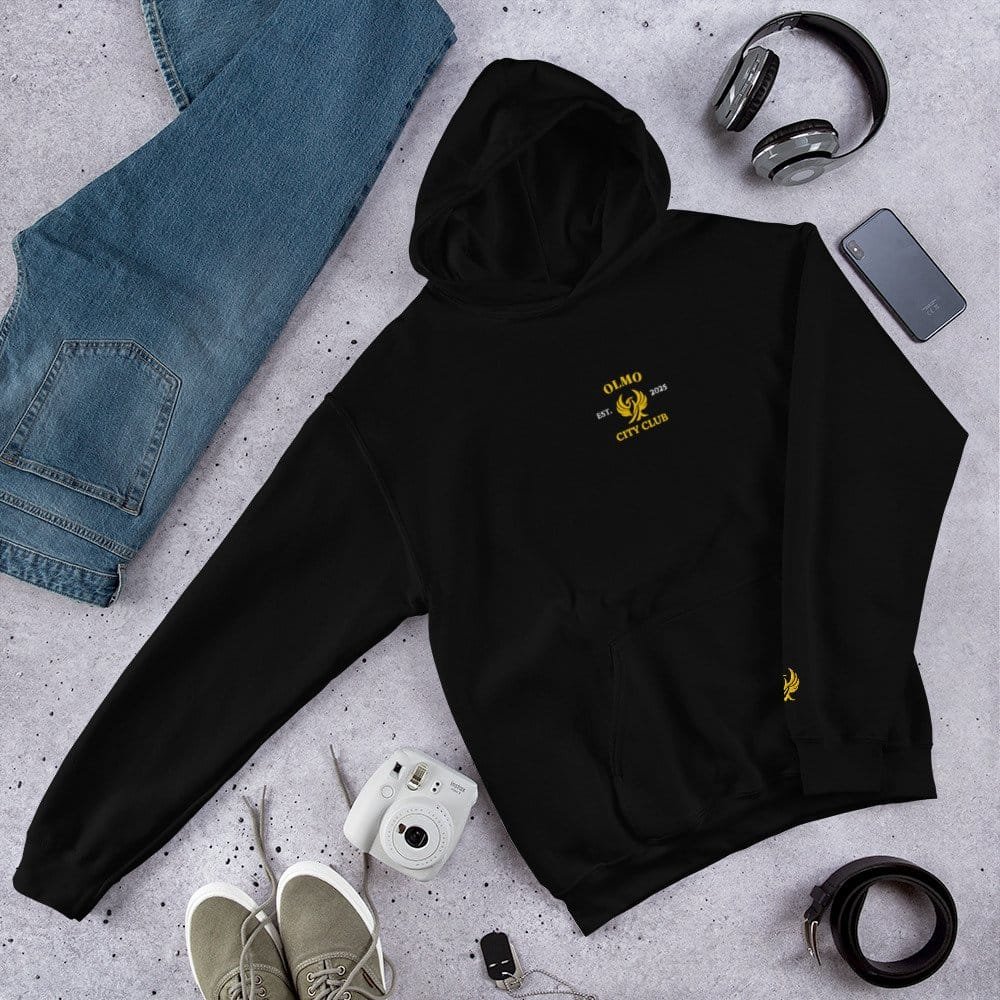 Sweat à capuche noir brodé "City Club" d'OLMO lux, parfait pour un style urbain et élégant.