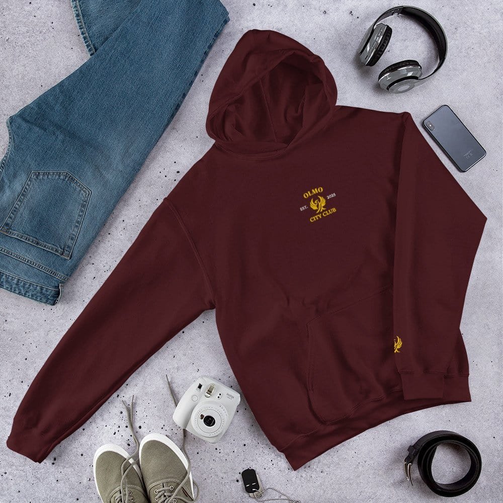 Sweat à capuche sombre brodé City Club, parfait pour un style urbain et décontracté.