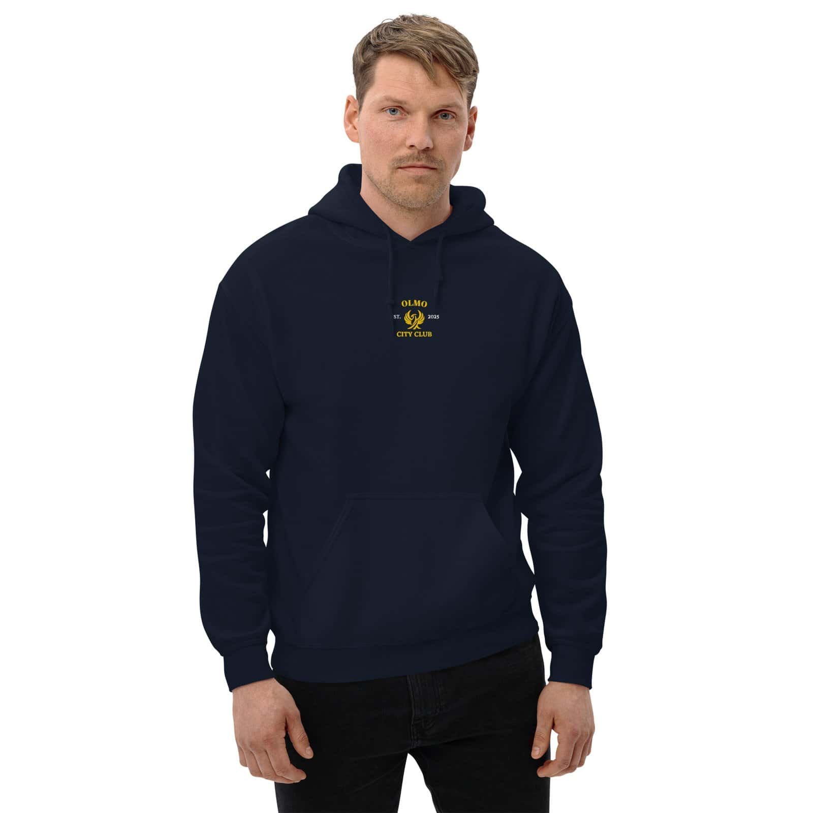 Sweat à capuche sombre brodé avec logo City club, style urbain et tendance.