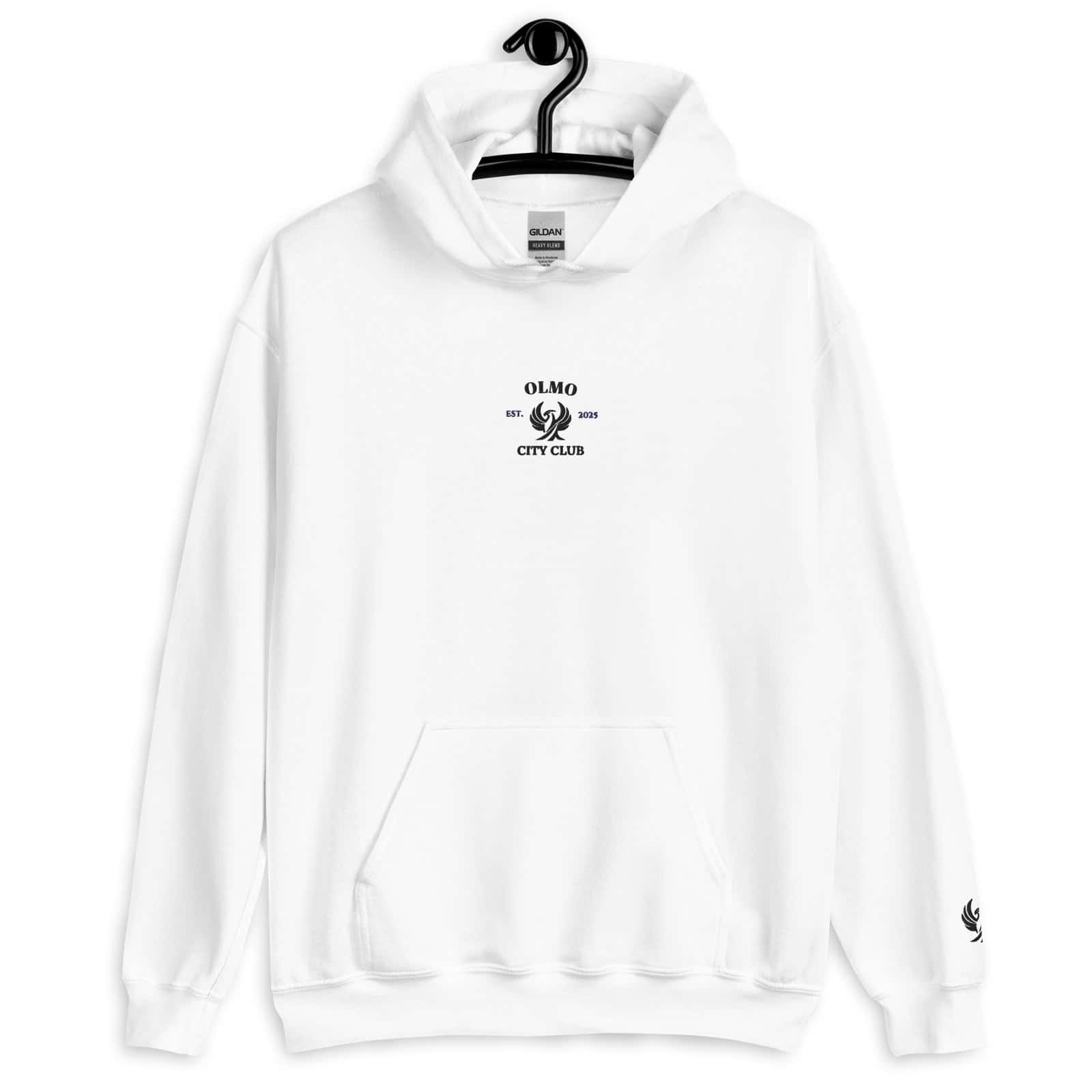Sweat à capuche blanc brodé "OLMO City Club" pour un style urbain et élégant.